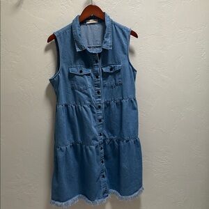 Sleeveless Denim Button-Front Dress in Blue